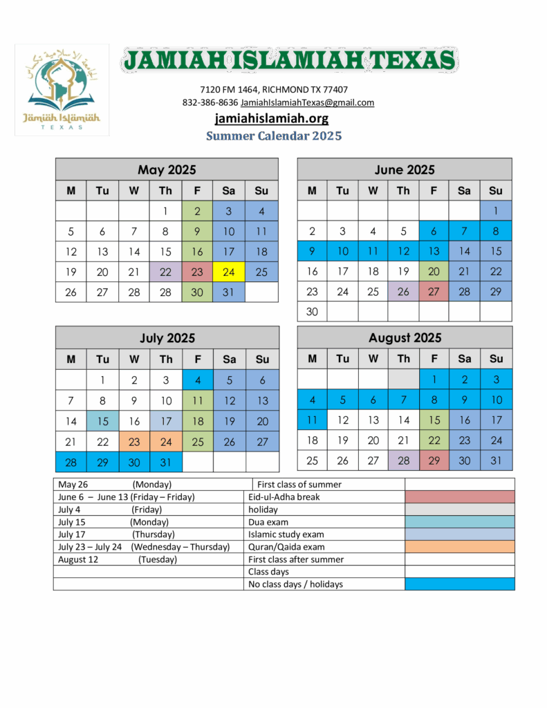 Jamiah islamiah summer calendar 2025
